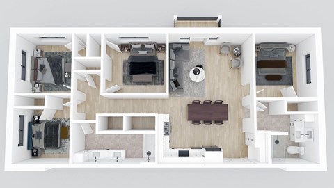 Floor plan for 4 beds, 2 baths, 1300 sqft